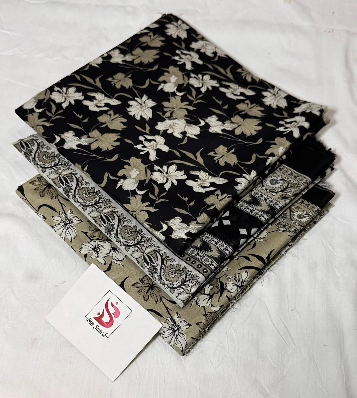 Bin Saeed 3PC Print Lawn Unstitched Suit Navy Pink Leaf