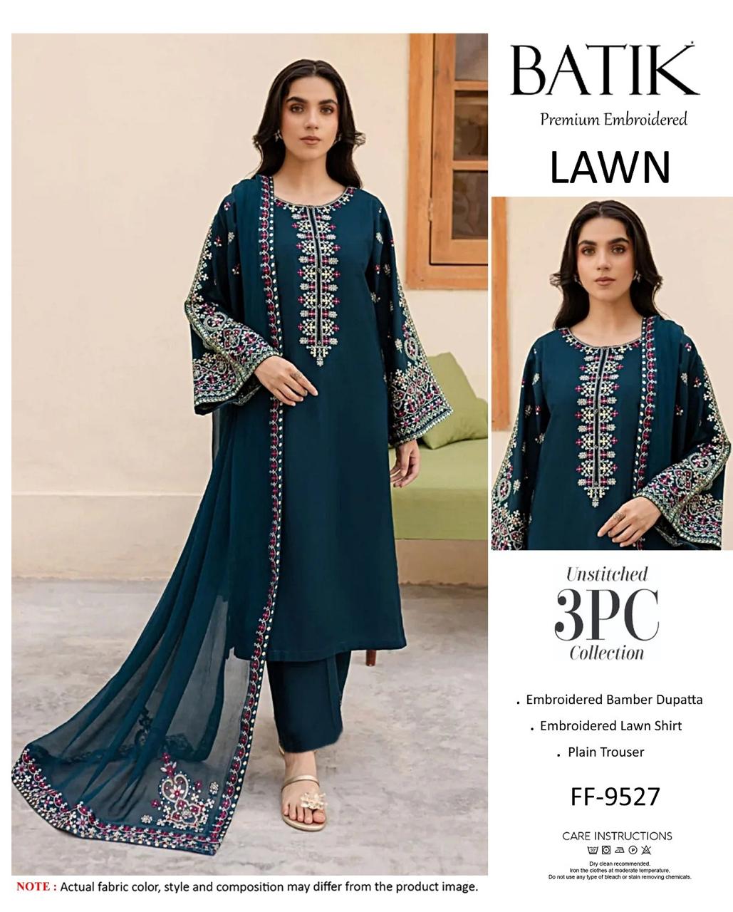 Asim Jofa Premium Embroidered Lawn 3PC Unstitched Suit FF-9545 Teal Green