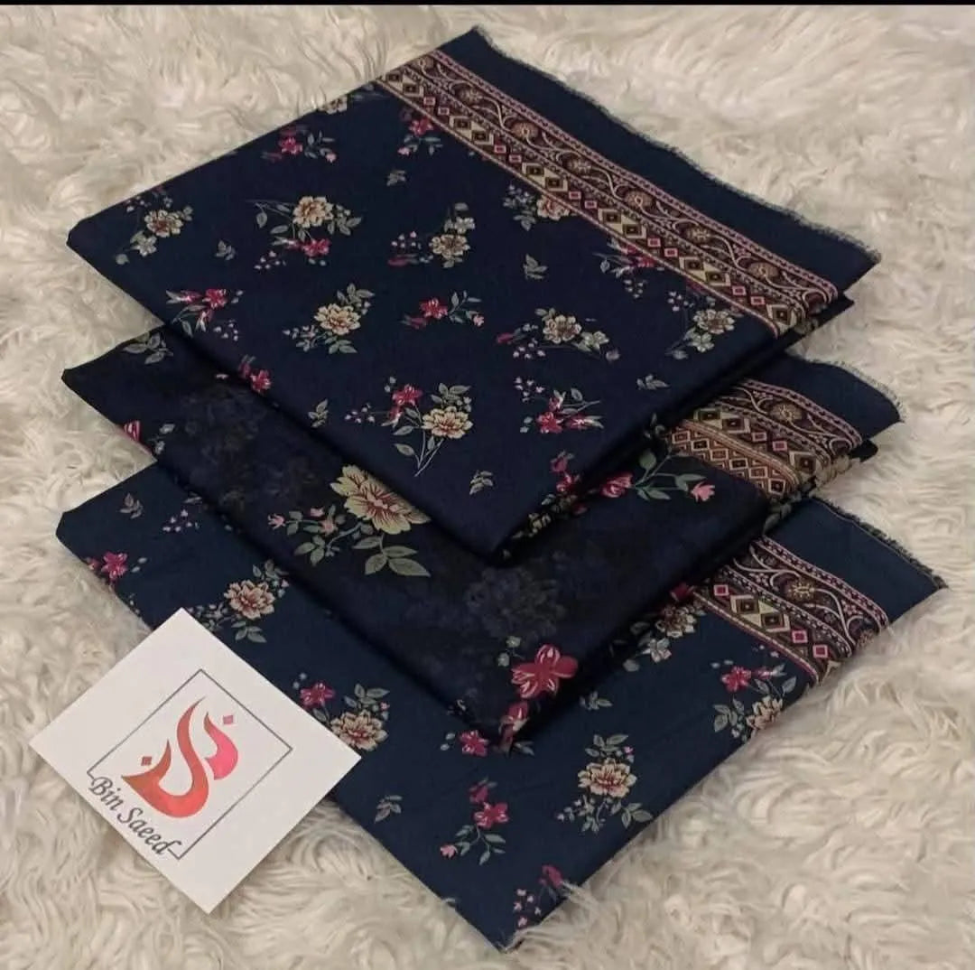 Bin Saeed 3PC Print Lawn Unstitched Suit Grey Olive