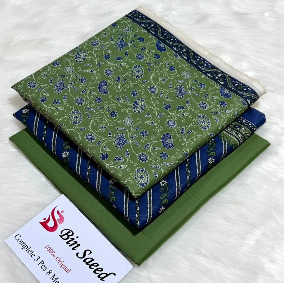 Bin Saeed 3PC Print Lawn Unstitched Suit Navy Blue Floral
