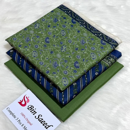 Bin Saeed 3PC Print Lawn Unstitched Suit Navy Blue Floral