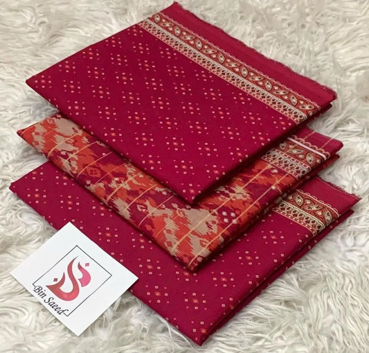 Bin Saeed 3PC Print Lawn Unstitched Suit Deep Red Floral