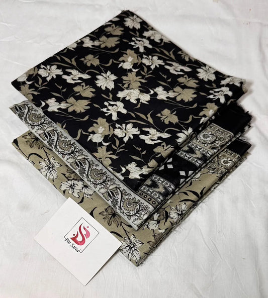 Bin Saeed 3PC Print Lawn Unstitched Suit Navy Pink Leaf