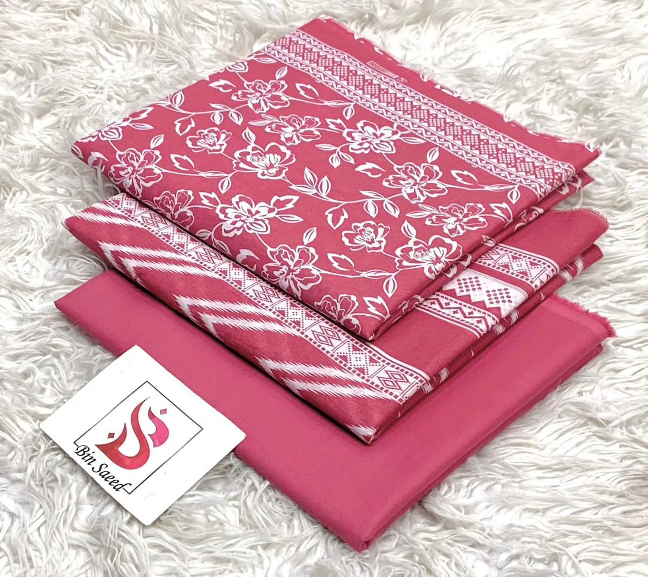 Bin Saeed 3PC Print Lawn Unstitched Suit Beige Leopard Floral