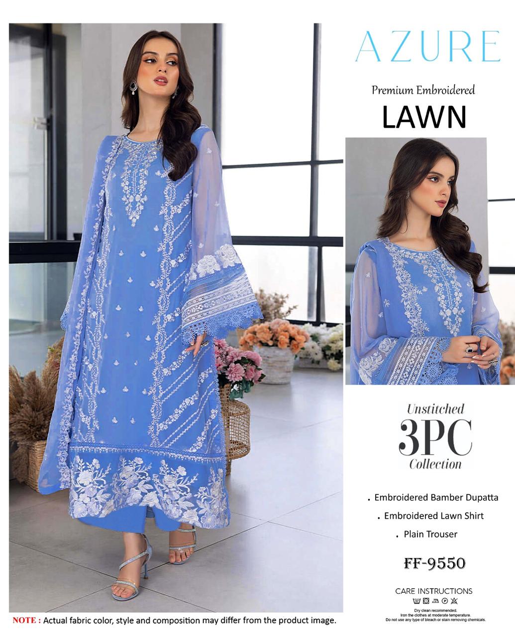 Asim Jofa Premium Embroidered Lawn 3PC Unstitched Suit FF-9542 Navy Blue
