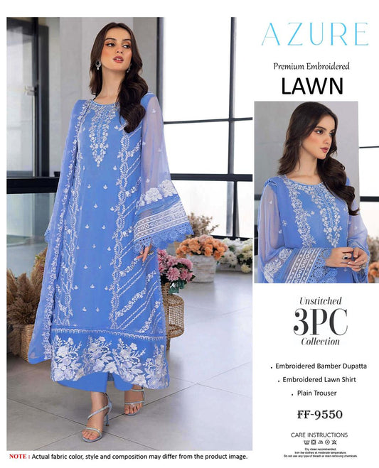 Asim Jofa Premium Embroidered Lawn 3PC Unstitched Suit FF-9542 Navy Blue