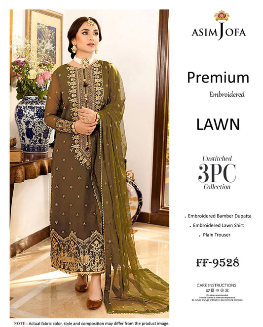 Jazmin Premium Embroidered Lawn 3PC Unstitched Suit FF-9533 Olive Green