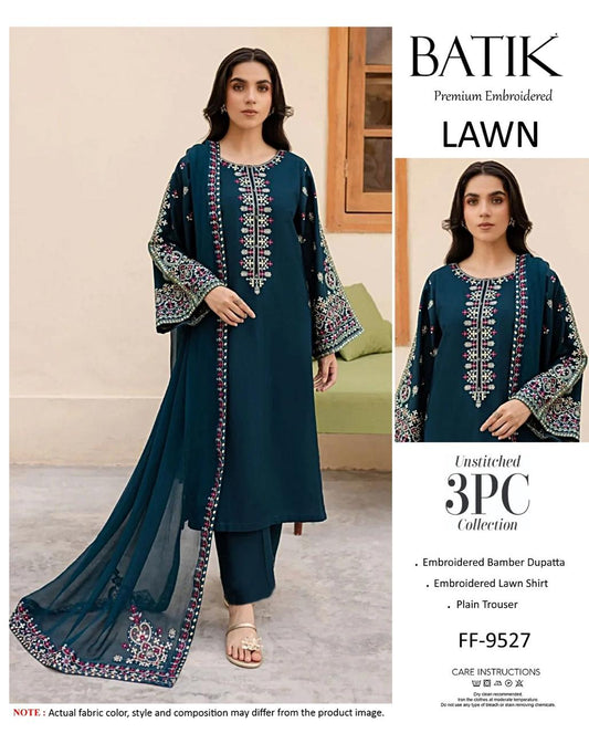 Asim Jofa Premium Embroidered Lawn 3PC Unstitched Suit FF-9545 Teal Green